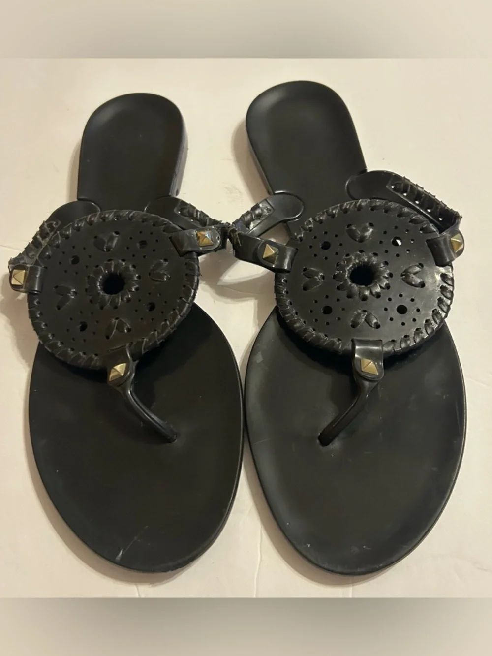 Jack Rogers Black Medallion Stud Thong Sandals